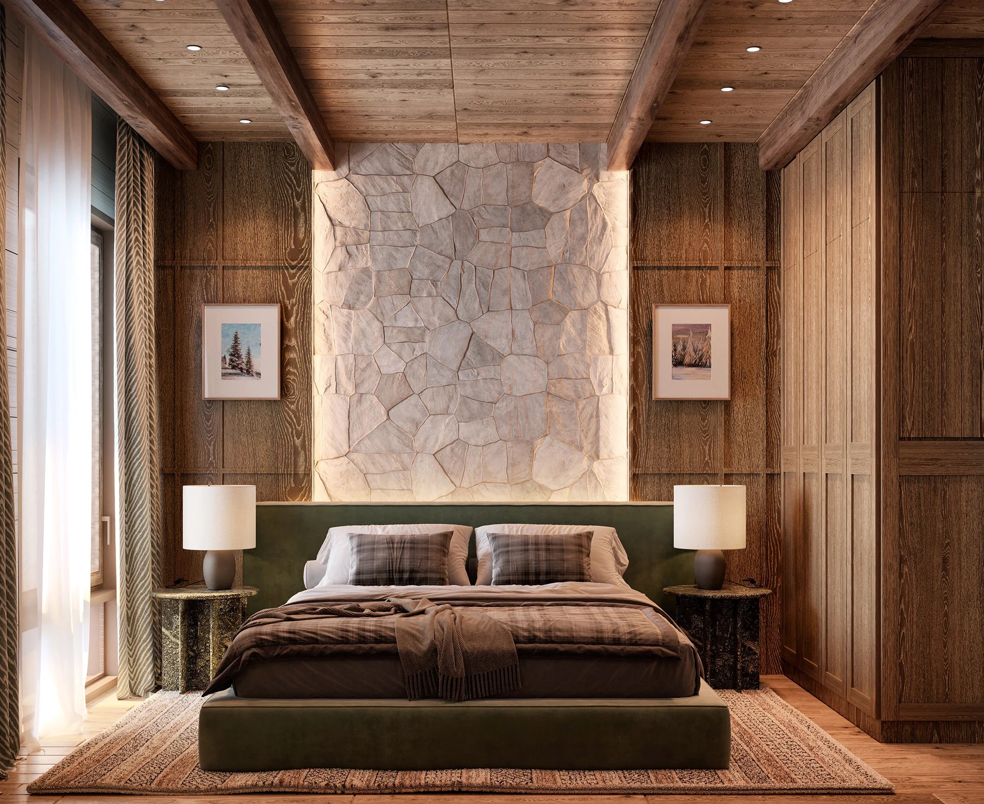 Bedroom, A stone wall behind the bed — Hotel Moderna | Vladimir Perović Architects