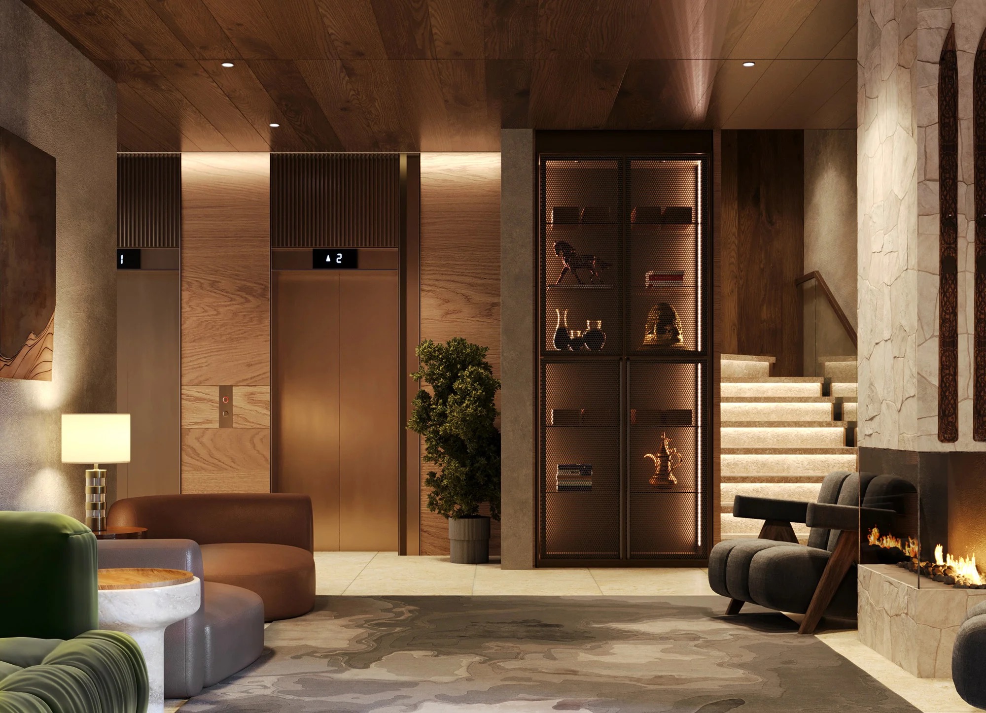 Lobby, Fireplace, lounge chairs and a lit staircase — Hotel Moderna | Vladimir Perović Architects