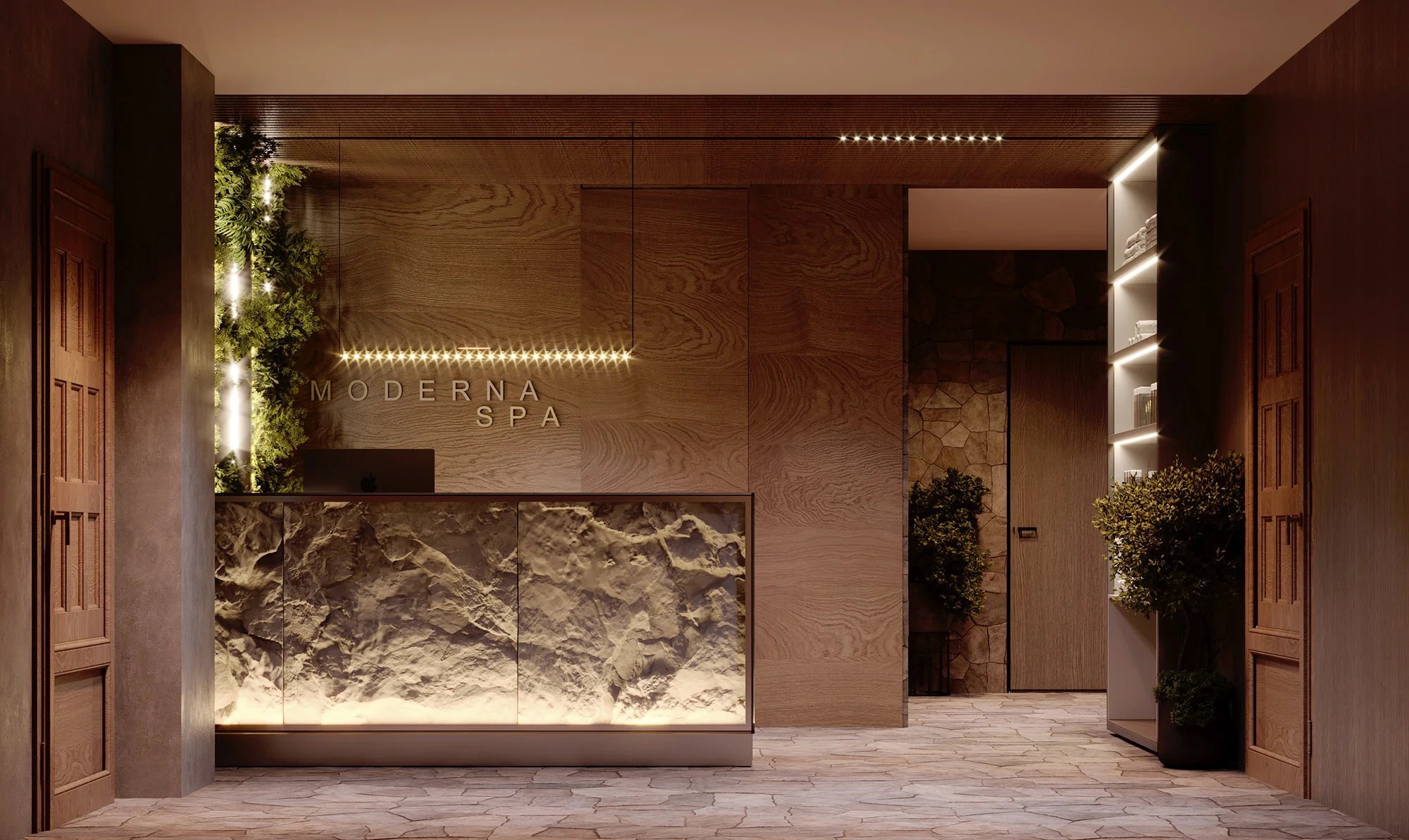 Spa reception, A stone-faced counter — Hotel Moderna | Vladimir Perović Architects