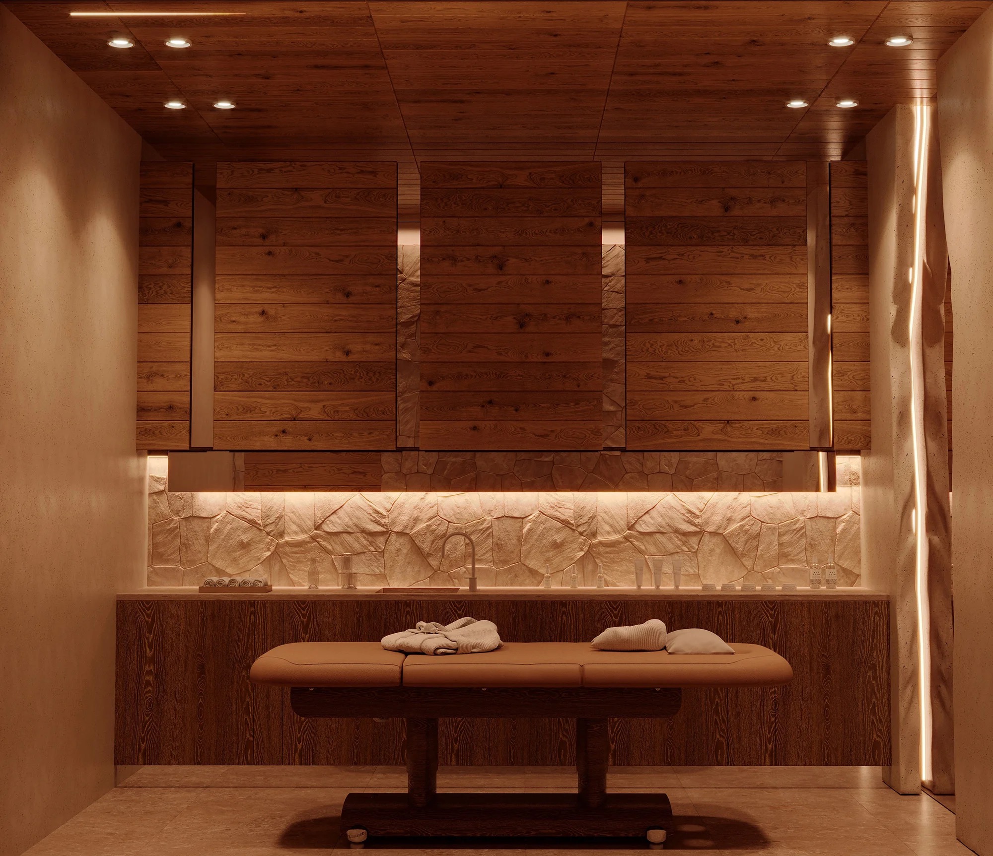 Treatment room, Timber walls and a lit stone relief — Hotel Moderna | Vladimir Perović Architects