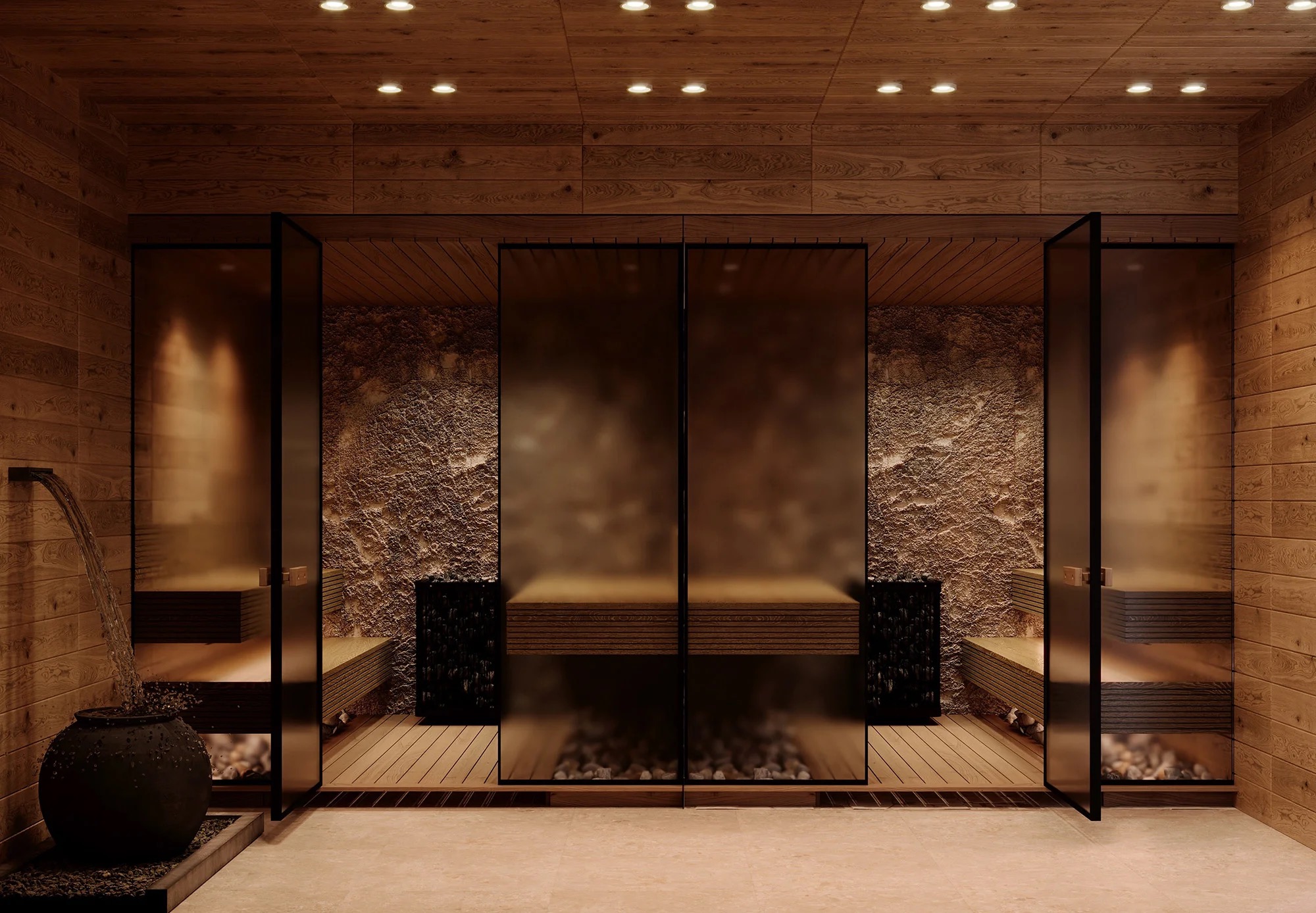 Sauna, Glass fronts and textured stone — Hotel Moderna | Vladimir Perović Architects
