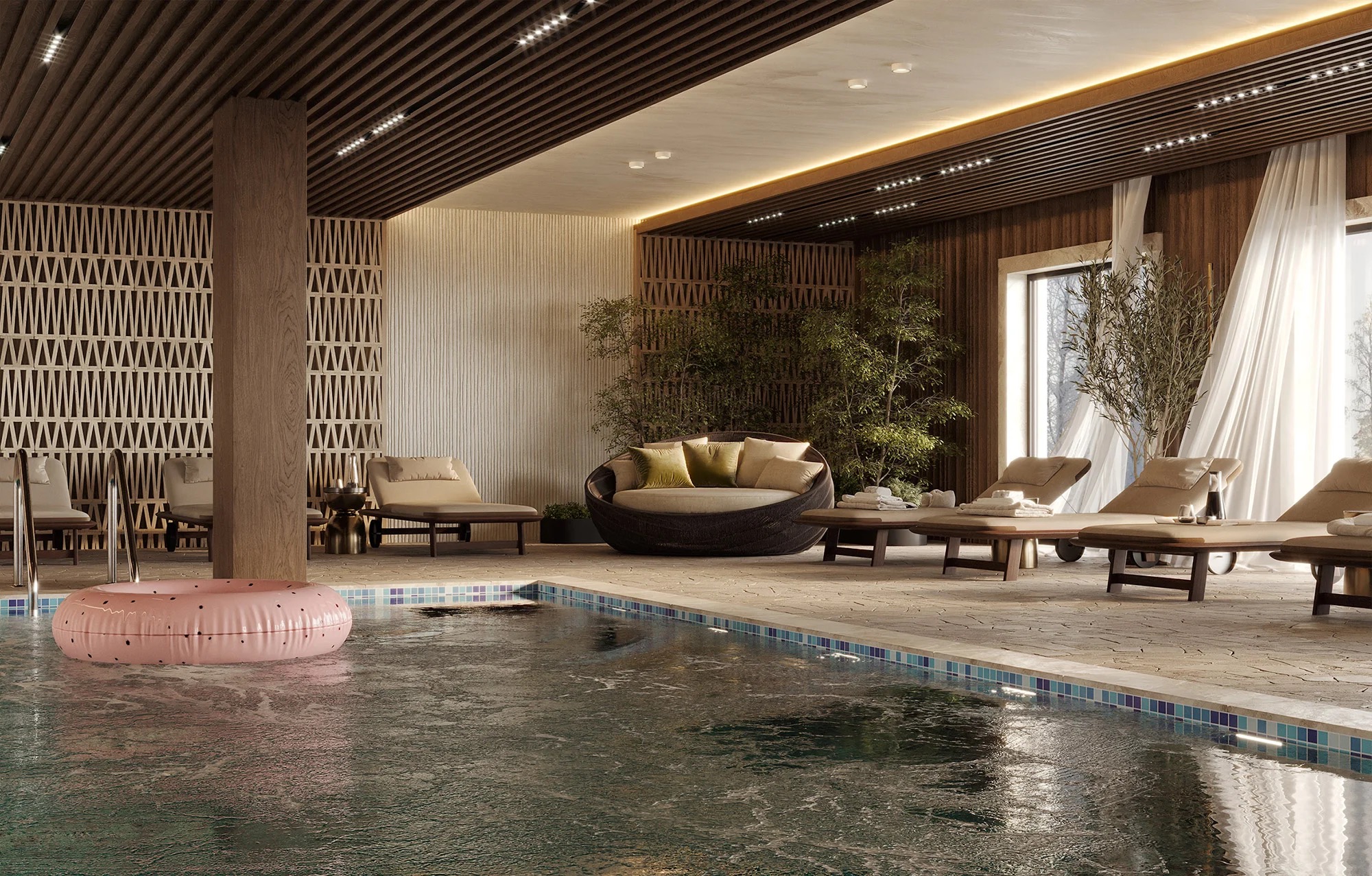 Pool hall, Loungers under timber slats — Hotel Moderna | Vladimir Perović Architects