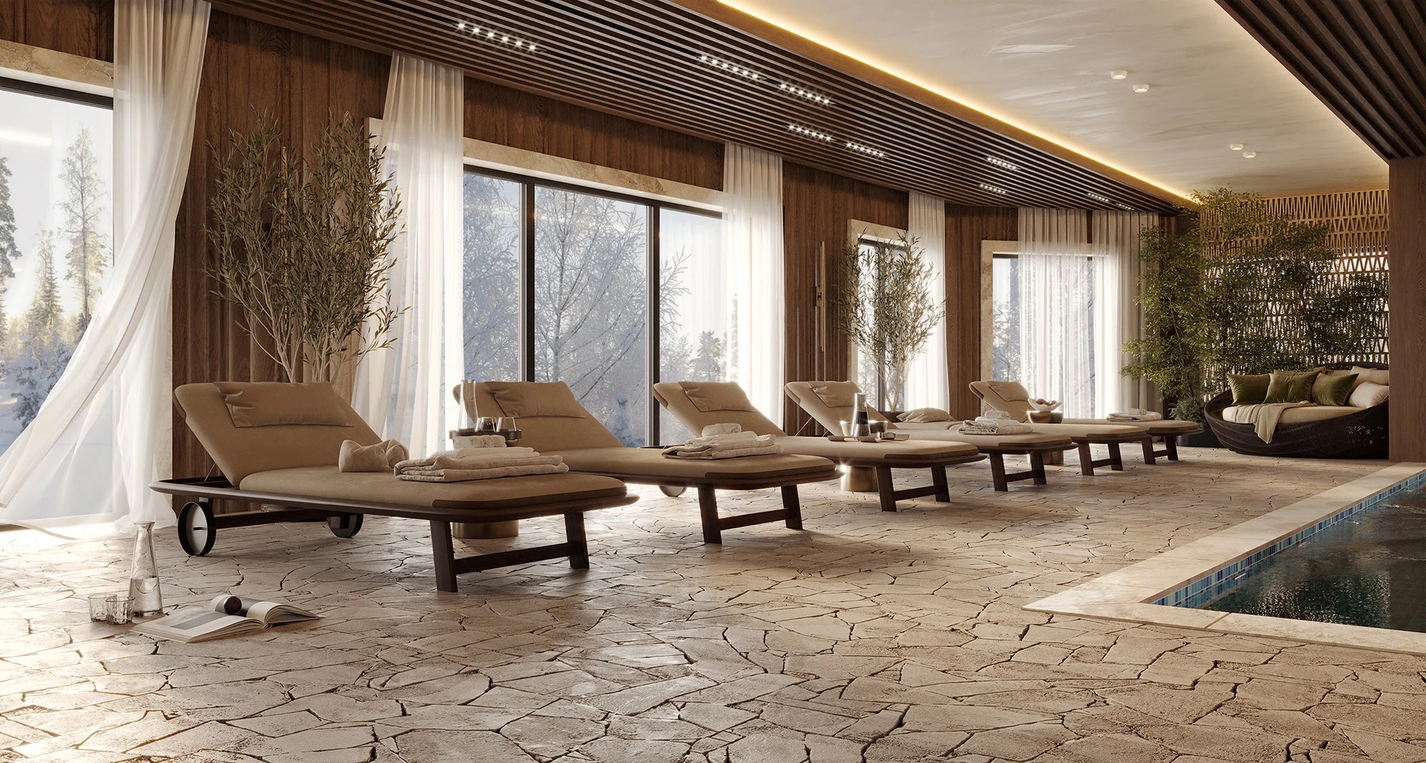 Pool hall, Flagstone floor and a winter view — Hotel Moderna | Vladimir Perović Architects